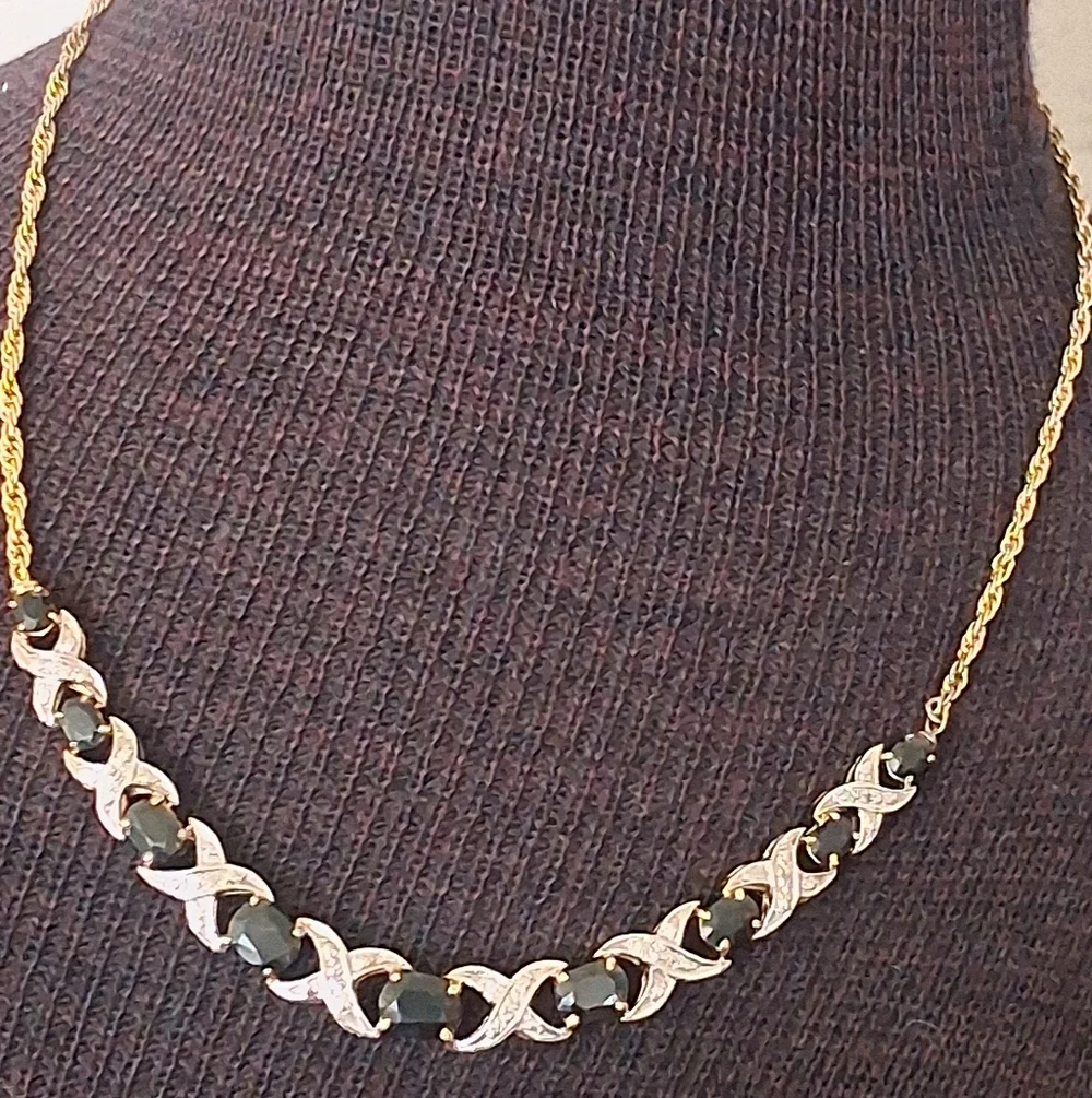 Vintage 10K Gold Vermeil XOX Design Necklace With Sapphires And Diamonds